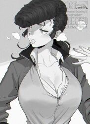  breasts cleavage female girls_und_panzer grey_background greyscale jacket katsuoboshi keizoku_military_uniform keizoku_school_uniform large_breasts long_hair monochrome mullet pompadour school_uniform steam steaming_body tanker_jacket track_jacket yuri_(girls_und_panzer) 