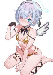  absurdres amemiya_nazuna barefoot between_legs bikini black_bow black_bowtie black_gloves blue_eyes bow bowtie breasts danimocles female gloves gold_bikini halo hand_between_legs heterochromia highres indie_virtual_youtuber looking_at_viewer medium_hair o-ring o-ring_thigh_strap paw_pose pink_eyes simple_background single_glove single_wing sitting small_breasts solo swimsuit thigh_strap virtual_youtuber wariza white_background white_hair white_halo white_wings wings 