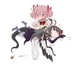  2girls akemi_homura akuma_homura argyle_clothes argyle_pantyhose black_hair black_sleeves black_wings blush buivi closed_eyes closed_mouth detached_sleeves full_body gem kaname_madoka lizard_tail long_hair lying_on_lap mahou_shoujo_madoka_magica mitakihara_school_uniform multiple_girls open_mouth pink_eyes pink_hair purple_gemstone reptile_girl school_uniform short_hair simple_background sitting soul_gem speech_bubble tail thighhighs twintails wavy_mouth white_background white_thighhighs wings 
