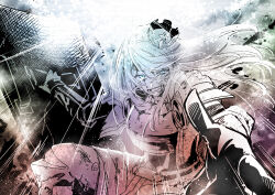  absurdres armor blood blood_on_face blue_eyes breastplate crown damaged female floating_hair gloves half-closed_eye highres holding holding_shield long_hair looking_at_viewer mini_crown nikki_kyousuke paladin_(sekaiju) paladin_2_(sekaiju) pauldrons reaching reaching_towards_viewer sekaiju_no_meikyuu shield shoulder_armor solo tilted_headwear uneven_eyes very_long_hair 