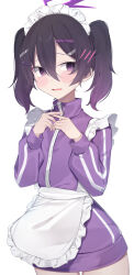  absurdres apron blue_archive blush female frilled_apron frills gradient_hair hair_between_eyes hair_ornament hairclip halo hanasaki_rin haruka_(blue_archive) highres jacket jersey_maid maid maid_headdress multicolored_hair purple_eyes purple_halo purple_jacket simple_background solo sweatdrop track_jacket twintails unconventional_maid white_apron white_background 