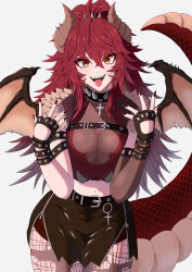  absurdres black_gloves black_nails black_skirt breasts cleavage dragon_girl dragon_horns dragon_tail female fingerless_gloves gloves highres horns large_breasts long_hair looking_at_viewer meibin nail_polish open_mouth pantyhose ponytail red_hair red_shirt shirt skirt smile solo tail tongue tongue_out torn_clothes torn_pantyhose virtual_youtuber vshojo yellow_eyes zentreya zentreya_(dragon) zentreya_(dragon)_(1st_costume) 