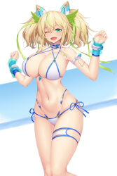  :d aqua_eyes asamura_hiori bikini blonde_hair blush bracer breasts cleavage commentary_request female gene_(pso2) hair_between_eyes hair_ornament hair_ribbon highres large_breasts medium_hair navel one_eye_closed open_mouth phantasy_star phantasy_star_online_2 ribbon smile solo standing swimsuit thigh_strap white_background 