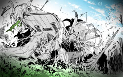 absurdres armor biting blood blue_sky breastplate cloud day female gloves highres holding holding_shield long_hair lying monster nikki_kyousuke on_back on_grass outdoors paladin_(sekaiju) paladin_2_(sekaiju) pauldrons planted planted_sword sekaiju_no_meikyuu shield shoulder_armor sky sword v-shaped_eyebrows very_long_hair weapon 