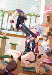  absurdres animal armpits bare_legs barefoot belt black_belt black_gloves black_shirt black_shorts blue_sky breasts canine crossed_legs elbow_gloves feline gloves hair_ornament highres holding holding_animal honkai:_star_rail honkai_(series) indoors medal medium_breasts multicolored_hair numby_(honkai:_star_rail) nut_(food) open_mouth qqqne rabbit red_hair shirt short_hair short_shorts shorts sitting sky smile soles squirrel toes topaz_(honkai:_star_rail) trotter_(honkai:_star_rail) two-tone_eyes two-tone_hair white_hair 