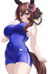  animal_ears bare_arms blue_shirt blue_shorts blush breasts brown_hair commentary_request cowboy_shot female gentildonna_(umamusume) hair_between_eyes heart_ear_ornament highres horse_ears horse_girl horse_tail huge_breasts kibihimi long_hair looking_at_viewer red_eyes shirt shorts simple_background solo tail tracen_swimsuit umamusume v-shaped_eyebrows white_background 