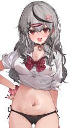  appleseed_(appleseed_art) ass_visible_through_thighs black_choker black_hair blush bow bowtie breasts choker earrings female grey_hair hair_ornament hairclip hand_on_own_hip heart heart_collar heart_earrings highres hololive jewelry large_breasts long_hair looking_at_viewer multicolored_hair navel navel_piercing no_pants open_mouth piercing pink_bow pink_bowtie pink_eyes pink_scrunchie sakamata_chloe sakamata_chloe_(school_uniform) scrunchie shirt simple_background smile solo squid_hair_ornament stomach streaked_hair striped_bow striped_bowtie striped_clothes thighs tied_shirt two-tone_hair virtual_youtuber wet wet_clothes wet_shirt white_background white_shirt wrist_scrunchie 