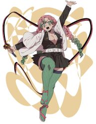  belt black_jacket black_skirt braid breasts cleavage female full_body green_thighhighs holding holding_sword holding_weapon jacket kanroji_mitsuri kimetsu_no_yaiba large_breasts long_hair long_sleeves looking_at_viewer open_mouth pink_hair pleated_skirt sandals simple_background skirt solo strawberryjamm sword thighhighs twin_braids weapon white_background zouri 