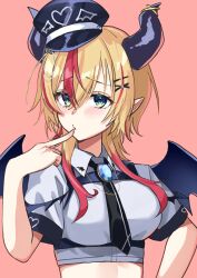  absurdres black_hat black_necktie blonde_hair blush breasts collared_shirt commentary_request crop_top demon_girl demon_horns demon_wings female finger_to_mouth furrowed_brow green_eyes hair_between_eyes hair_ornament hairclip hat heart highres hololive horns large_breasts long_sidelocks mini_hat mizuhasi multicolored_hair necktie official_alternate_costume official_alternate_hairstyle pointy_ears red_background red_hair shirt sidelocks simple_background solo streaked_hair upper_body virtual_youtuber white_shirt wings wolf_cut yuzuki_choco yuzuki_choco_(8th_costume) 