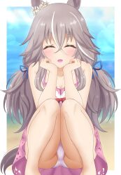  absurdres animal_ears beach blurry blurry_background breasts cameltoe cleavage cleft_of_venus closed_eyes collarbone female grey_hair hair_ornament highres horse_ears horse_girl horse_tail kusarigama_sshimi ocean sky small_breasts solo squatting swimsuit tail thick_eyebrows umamusume wonder_acute_(that_summer&#039;s_cut-off_line)_(umamusume) wonder_acute_(umamusume) 