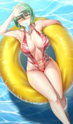  absurdres afloat breast_tattoo breasts cleavage female food food_in_mouth green_hair hand_over_eye highres hikage_(senran_kagura) hip_tattoo innertube large_breasts popsicle popsicle_in_mouth red_slingshot_swimsuit senran_kagura slingshot_swimsuit slit_pupils snake_print snake_tattoo swim_ring swimsuit tattoo toned_female wet yellow_eyes zib_(boriku) 