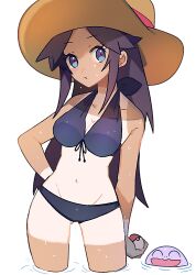  bikini black_bikini black_hair breasts brown_hat collarbone eyelashes female hat holding holding_poke_ball leaf_(pokemon) long_hair navel parted_lips poke_ball poke_ball_(basic) pokemon pokemon_frlg squirtle sun_hat swimsuit tan tanlines very_long_hair wading white_background yasaikakiage 