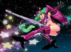  :d ai-kun alternate_costume armpits ass black_gloves breasts cero_(cerocero) commentary_request cosplay crop_top female flat_ass gloves green_hair macross macross_frontier macross_frontier:_itsuwari_no_utahime midriff open_mouth pink_eyes ranka_lee short_hair short_shorts shorts small_breasts smile space star_(symbol) thighs vf-27 vf-27_(cosplay) 