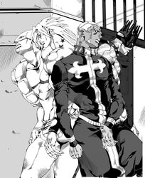  2boys absurdres bad_id bad_pixiv_id birthmark cassock dark-skinned_male dark_skin dio_brando enrico_pucci greyscale highres jack-ddd-no13 joestar_birthmark jojo_no_kimyou_na_bouken monochrome multiple_boys official_style stand_(jojo) star_(symbol) stardust_crusaders stone_ocean the_world whitesnake_(stand) 