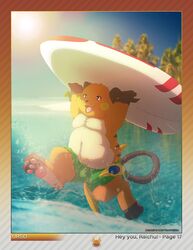  2015 anthro bottomwear brazilian_flag bulge clothed clothing digitigrade generation_1_pokemon hi_res light male mammal nintendo open_mouth outside partially_submerged pawpads paws pokemon pokemon_(species) raichu red_eyes rodent running semi-anthro shorts smile solo sunlight surfboard swimming_trunks swimwear tongue topless ursofofinho vehicle watercraft 