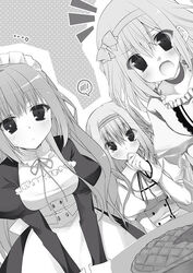  3girl heterochromia maid_uniform monochrome rinslet_laurenfrost seirei_tsukai_no_blade_dance 