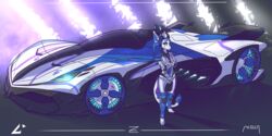  2018 2:1 akella android anthro blue_hair breasts car clothed clothing digitigrade female fur glowing hair kleika machine mammal racing_suit robot solo vehicle white_body white_fur zeta_(fluff-kevlar) 