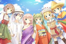  agal arabian_outfit blonde_hair blue_hair brown_hair dress european_outfit group hand_holding happy hat hatsune_miku indian_outfit japanese_outit kagamine_len kagamine_rin kaito keffiyeh kimono long_hair looking_at_viewer male megurine_luka meiko_(vocaloid) mexican_hat mexican_outfit native_american_outfit pink_hair richika rope short_hair sky smile traditional_clothes twintails vocaloid 