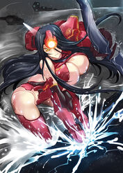  aircraft armor black_hair bouncing_breasts breasts commentary_request crimson_typhoon extra_arms female haganef hair_over_one_eye helicopter huge_breasts jaeger_(pacific_rim) lights long_hair looking_at_viewer mecha_musume mechanical_arms pacific_rim personification photoshop_(medium) rain science_fiction single_mechanical_arm smile solo storm very_long_hair water yellow_eyes 