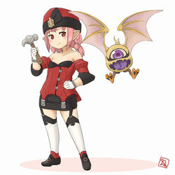  ahriman bare_shoulders bracelet braid commentary_request female final_fantasy final_fantasy_xiv futaba_no_taiko garter_straps gloves hammer hand_on_own_hip hat jewelry lalafell light_smile loafers miniskirt monster pink_eyes pink_hair pointy_ears shoes skirt thighhighs twin_braids two_side_up warrior_of_light_(ff14) 