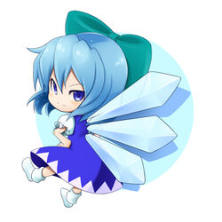  blue_eyes blue_hair bow chibi cirno commentary_request female futaba_no_taiko hairbow hands_on_own_hips ice ice_wings looking_back puffy_sleeves short_hair smile socks touhou wings 