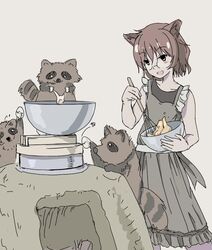  alternate_costume animal animal_ears apron bad_id bad_twitter_id bare_arms batter bowl brown_eyes brown_hair cooking egg eyebrows female food futatsuiwa_mamizou glasses holding holding_whisk kamado mixing mixing_bowl open_mouth oshouyu_tabetai raccoon_ears round_eyewear short_hair sleeveless smile tanuki teamwork touhou whisk 