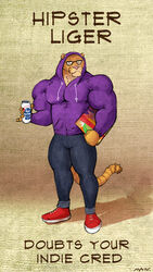  2011 alcohol alternative_fashion anthro beer beverage big_muscles biped clothing english_text eyewear felid footwear glasses hipster hoodie hybrid liger lion male mammal muscular muscular_anthro muscular_male pabst_blue_ribbon pantherine purrcules_(artist) purrcules_(character) shoes solo text tiger topwear 