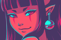  blue_sclera close-up closed_mouth colored_sclera colored_skin commentary demon_girl earrings english_commentary female iahfy jewelry limited_palette original photoshop_(medium) pointy_ears portrait red_eyes red_skin smile solo synth_(iahfy) 