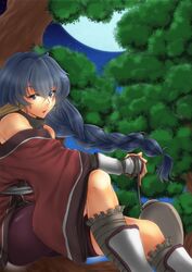  animal_ears blue_eyes blue_hair braid collar commentary female fingerless_gloves gloves karulau lips long_hair looking_at_viewer moon nagi_fuumumare night parted_lips shorts sitting solo tiger_ears tree utawarerumono vambraces very_long_hair wide_sleeves 