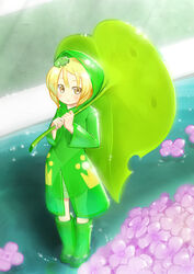  animal animal_on_head blonde_hair boots commentary_request female flower frog futaba_no_taiko hydrangea leaf_umbrella light_rays on_head original raincoat rubber_boots see-through short_hair sunbeam sunlight wading yellow_eyes 