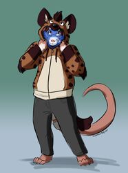  2018 anthro aster_rhodes_ravier barefoot biped black_hair blue_body blue_fur brown_eyes buckteeth claws clothed clothing digital_media_(artwork) eevachu eyewear feet front_view fur glasses grin hair hi_res hoodie hyena long_tail male mammal mouse murid murine paws rodent simple_background slacks smile solo spotted_hyena standing tail teeth toe_claws toes topwear white_body white_fur 