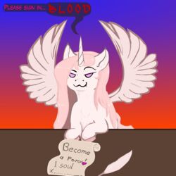  1:1 alicorn contract deal english_text equid equine fan_character fangs feathered_wings feathers female fluffy foxfoxplz friendship_is_magic fur hair half-closed_eyes hasbro horn long_hair loose_feather mammal my_little_pony mythological_creature mythological_equine mythology narrowed_eyes pink_hair princess_celestia_(mlp) quill smile solo teeth text white_body white_feathers white_fur wings 