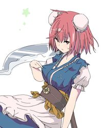  ahoge artistic_error bad_id bad_twitter_id blue_vest breasts coin cosplay double_bun eyebrows female hair_bun ibaraki_kasen medium_breasts obi onozuka_komachi onozuka_komachi_(cosplay) oshouyu_tabetai red_eyes red_hair sash scythe shirt short_hair short_sleeves shy simple_background skirt solo sweatdrop touhou vest white_background 