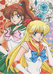  aino_minako bishoujo_senshi_sailor_moon blonde_hair breasts brown_hair highres kino_makoto kodansha long_hair ponytail rascal_(n119) sailor_jupiter sailor_venus skirt tongue 