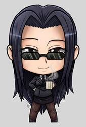  black_hair breasts brown_eyes chibi coffee_mug cup female formal full_body henpendrips holding long_hair looking_at_viewer medium_breasts monster_musume_no_iru_nichijou ms._smith necktie pencil_skirt skirt skirt_suit smile steam suit sunglasses very_long_hair 