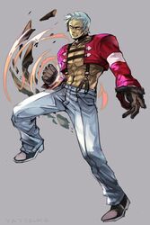  1boy abs brown_footwear brown_gloves clenched_hand commentary debris earrings full_body gloves grey_background grey_hair grey_pants hungry_clicker jacket jewelry long_sleeves male_focus muscular nanakase_yashiro orochi_yashiro pants pectorals pink_eyes red_jacket shoes simple_background solo suspenders the_king_of_fighters topless_male 