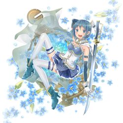  :d armband bad_id bad_pixiv_id belt blue_eyes blue_hair cape ena1215 female flower gloves highres magical_girl mahou_shoujo_madoka_magica mahou_shoujo_madoka_magica_(anime) miki_sayaka miki_sayaka_(magical_girl) open_mouth short_hair smile solo soul_gem sword thighhighs weapon zettai_ryouiki 