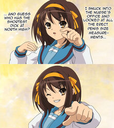  brown_hair caption femdom hair_ribbon one_eye_closed point ribbon school_uniform serafuku small_penis_humiliation suzumiya_haruhi suzumiya_haruhi_no_yuuutsu wink 