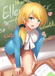  :d aqua_eyes arm_support belt blonde_hair blue_jacket blurry blush book breasts brown_skirt bu_li chalk chalkboard character_name commentary depth_of_field dust ellen_baker english_text female hair_ornament hair_over_shoulder hair_scrunchie heart holding jacket long_hair long_sleeves looking_at_viewer medium_breasts miniskirt new_horizon open_book open_mouth ponytail scrunchie shade shirt skirt smile solo swept_bangs white_shirt 