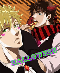  2boys anime_coloring bad_boy bad_id bad_pixiv_id blonde_hair brown_hair caesar_anthonio_zeppeli commentary_request demon_horns eating english_text facial_mark fingernails food food_on_face green_eyes halloween highres holding holding_food holding_pizza horns jojo_no_kimyou_na_bouken joseph_joestar joseph_joestar_(young) long_fingernails multiple_boys oerba_yun_fang official_style open_mouth pizza pizza_slice pointy_ears scarf 