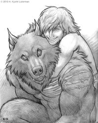  2013 abs anthro biceps big_muscles bottomwear canid canine claws clenched_teeth clothed clothing crouching detailed duo eye_contact fangs fur graphite_(artwork) greyscale hair hug human human_on_anthro interspecies kyoht_luterman larger_male long_hair looking_at_another looking_back looking_down male male/male mammal monochrome muscular muscular_male mythological_canine mythological_creature mythology nude pants pecs pencil_(artwork) romantic romantic_couple scar sharp_fangs simple_background size_difference smaller_male smile teeth topless traditional_media_(artwork) were werecanid werecanine werewolf white_background 