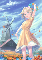  arm_up bad_id bad_pixiv_id blonde_hair blue_eyes bow cloud commentary_request dress female field flower flower_field from_below hairbow head_wreath iris_chateaubriand looking_at_viewer momoto open_mouth outdoors petals photoshop_(medium) pink_bow red_bow sakura_taisen sky solo wind windmill 