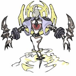  2009 ambiguous_gender chains claws fakemon kalnareff low_res monster nintendo nude pokemon radjiva red_eyes simple_background solo unknown_species white_background 