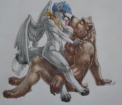  ambiguous_gender anthro avoid_posting bandana bear blue_hair brown_bear brown_body brown_fur canid canine closed_eyes clothing duo feathered_wings feathers fox foxeh fur grizz grizzly_bear hair hybrid kerchief licking male male/ambiguous mammal sinistervibe sitting tongue tongue_out traditional_media_(artwork) ursine wings 