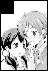  1boy bad_id bad_pixiv_id black_border border circle_cut eating feeding female food greyscale holding holding_food kitashirakawa_tamako long_hair lowres miton_(ton321) mochi monochrome necktie ooji_mochizou school_uniform short_hair straight tamako_market twintails wagashi 