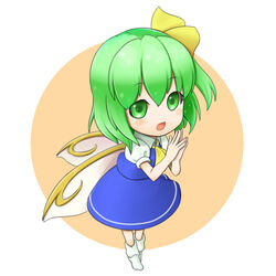  ascot chibi commentary_request daiyousei female futaba_no_taiko green_eyes green_hair hair_ribbon one_side_up open_mouth own_hands_together puffy_sleeves ribbon skirt skirt_set socks touhou wings 