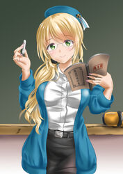  adapted_costume alternate_costume atago_(kancolle) bad_id bad_pixiv_id belt beret bespectacled blonde_hair blue_hat blue_jacket blush board_eraser book breasts chalk chalkboard checkered closed_mouth collared_shirt cosplay cowboy_shot dress_shirt ellen_baker ellen_baker_(cosplay) eyebrows eyelashes female fingernails glasses green_eyes hair_ornament hair_over_shoulder hair_scrunchie hat head_tilt holding holding_book jacket kantai_collection kasugano_tobari large_breasts long_fingernails long_hair long_sleeves low_ponytail nail_polish neck_ribbon new_horizon pantyhose pink_nails ribbon scrunchie shirt smile solo swept_bangs teacher white_shirt 