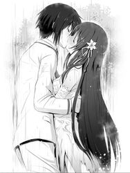  1boy female fianna_ray_ordesia kazehaya_kamito kissing monochrome seirei_tsukai_no_blade_dance 