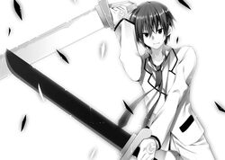  1boy kazehaya_kamito monochrome restia_ashdoll seirei_tsukai_no_blade_dance sword terminus_est 