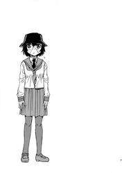  blush female franken_fran greyscale hat highres loafers madaraki_veronica monochrome non-web_source pantyhose pleated_skirt school_uniform serafuku shinozaki_rei shoes short_hair skirt solo stitches sweatdrop 